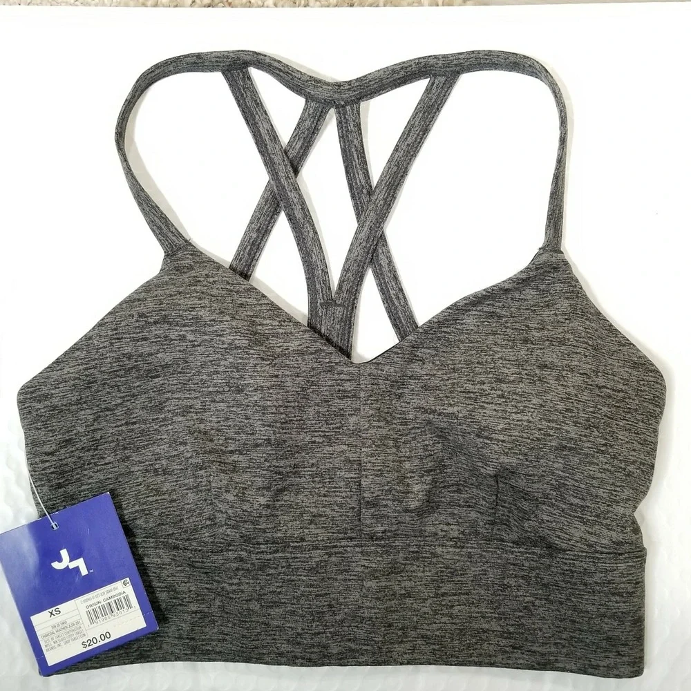 JoyLab Women Charcoal Heather Sports Bra XS Strappy‎ Back Workout Activewear